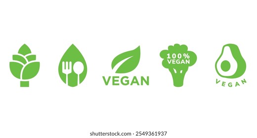 Conjunto de ícones verdes veganos e ecológicos, incluindo abacate, brócolis, folha e talheres.