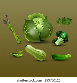 Set of green vegetables. Cabbage, parsley, asparagus, pea, broccoli, zucchini, cucumber