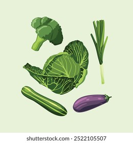 Set of Green Vegetables Shiny Colorful Vector Clip Art