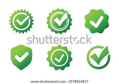 Set of green verification icons including checkmarks, shields, and badges, symbolizing approval, security, and quality assurance. Perfect for UI, branding, certification, and trust-based designs