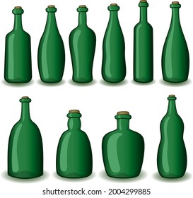 Set of Green Vintage Bottles Isolated on White Background. Vector