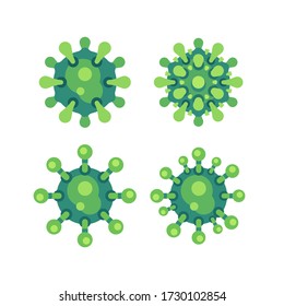 Conjunto de iconos planos de virus verdes. Ilustración del vector del coronavirus novedoso SARS-CoV-2.