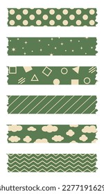 Set of green washi tapes. Washi tapes collection with pattern in vector. Pieces of decorative tape for scrapbooks.