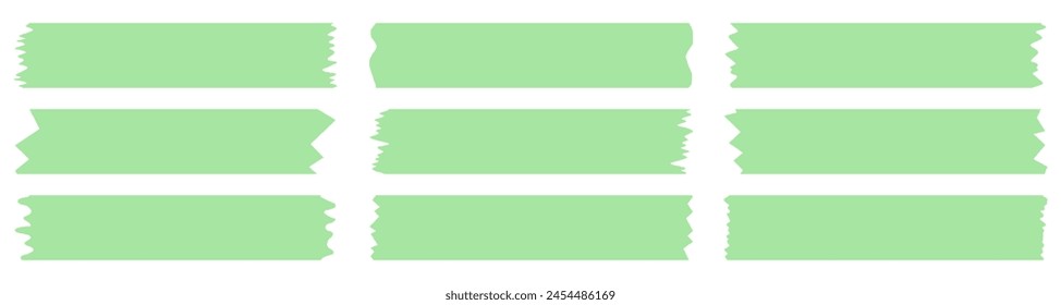Set of green washi tapes isolated on white. Washi tapes collection in vector. Pieces of decorative tape for scrapbooks. Torn paper. Spring, summer, holiday, nature, eco