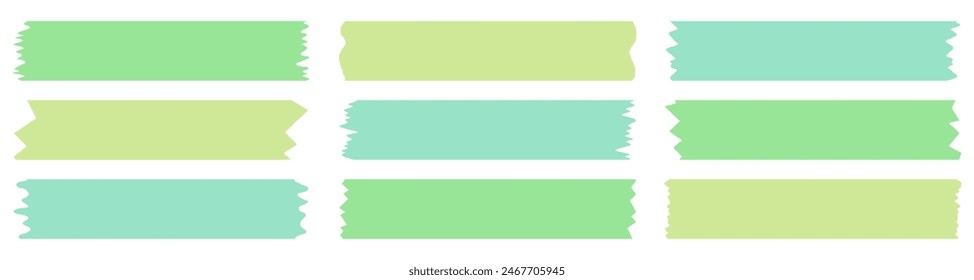 Set of green washi tapes isolated on white. Washi tapes collection in vector. Pieces of decorative tape for scrapbooks. Torn paper	