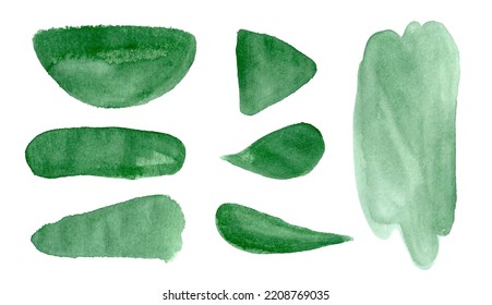Set of green watercolor brush strokes, textures,shapes,abstract backgrounds,frame for text.Collection of decorative elements on white background.Vector illustration.