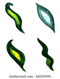 Set of green watercolor leaves isolated on white background