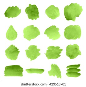 Set green watercolor paper texture isolated drop stains on white background. Vector abstract brush paint colorful nature elements for design, template, web, label, tag. Aquarelle scribble stripe dabs