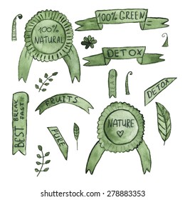 Set of green watercolor stripes and banners with vegetarian, green, eco and natural signs. Hand drawn vector illustration.