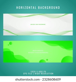 Set aus grüner Welle und abstraktem, fließendem Hintergrund, horizontaler Banner