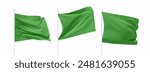 Set of Green waving flag on flagpole. Realistic 3d design flag flies on the wind on isolated white background. vector illustration