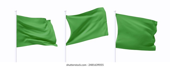 Conjunto de bandera ondeando verde en asta de bandera. Bandera de diseño 3d realista vuela en el viento sobre fondo blanco aislado. Ilustración vectorial