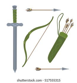 Set green weapons - bow, arrow, quiver, sword. Vector design elements.