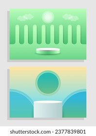 Set of green white 3d object cylinder pedestal podium display gradient color minimal scene showroom