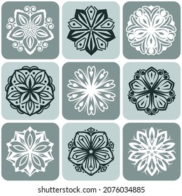 Conjunto de mandala verde y blanca aislada en segundo plano. Ornamentos decorativos vectoriales redondos. Elementos de diseño mínimo forma de flor de icono de copo de nieve para logotipo, arte de tatuajes.