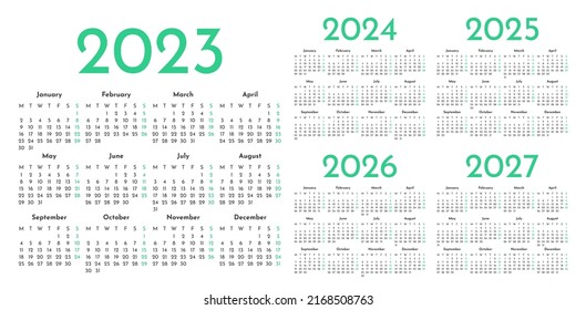 Set of green and white monthly calendar templates for 2023, 2024, 2025, 2026, 2027 years. Week starts on Monday. Album layout calendar in a minimalist style. Horizontal table grid. Agenda organizer