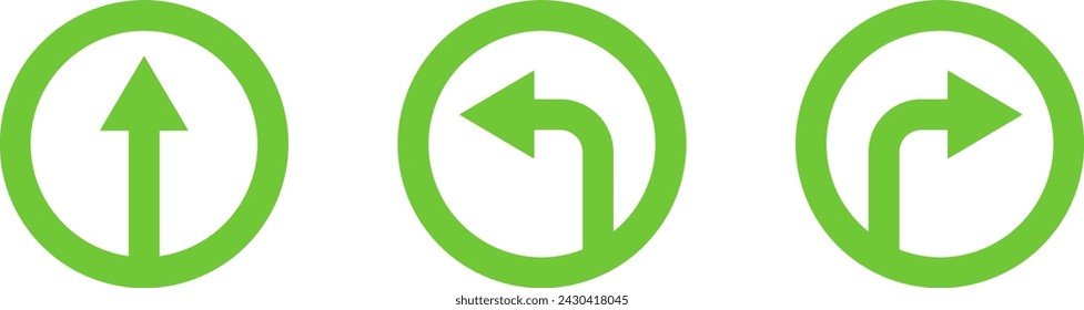 Set of Green and White One Way Only Round Floor Marking Sticker Icon with Direction Arrow and Text. Vector Image.