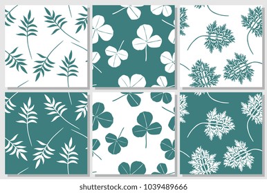 Set of green and white seamless patterns with leaves. Herbaceous print for fabric, textile, paper, wallpaper, wrapping design. 