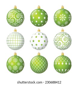 Set of green and white vector christmas balls with different patterns
