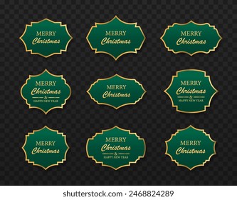 Set of green winter cards Merry Christmas. Vintage label for merry Christmas. Banner realistic detailed curved paper or ribbon green color.