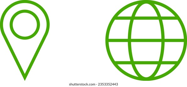 Set of Green World Globe Earth Web Map and Location Pointer Pin or You Are Here Marker Sign Icon Set. Vector Image.