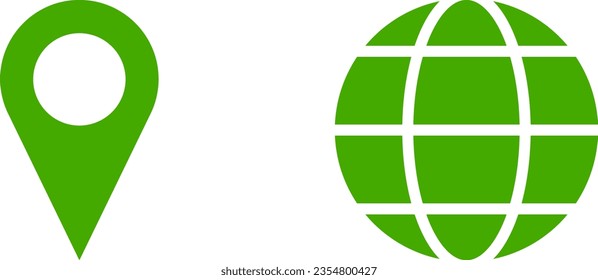 Set of Green World Globe Earth Web Map and Location Pointer Pin or You Are Here Marker Sign Icon Set. Vector Image.