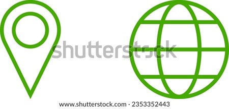 Set of Green World Globe Earth Web Map and Location Pointer Pin or You Are Here Marker Sign Icon Set. Vector Image.