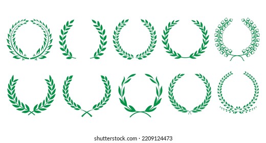 Set of green wreaths for awards, achievements, coats of arms, nobility. Vector illustration.