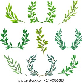 Set of green wreaths. Vector illustration on white background.
