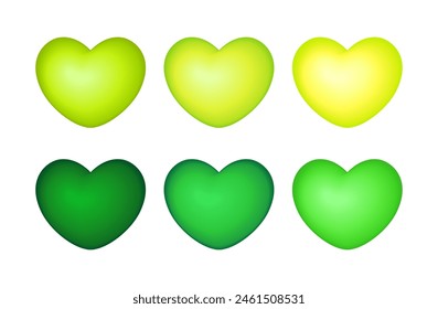 Set of green and yellow, 3D hearts isolated on white background. Vector design element of love symbol