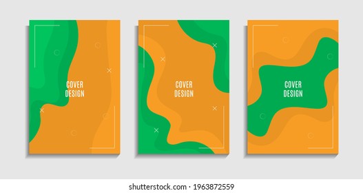 Set Green Yellow Abstract Background Curve With Geometric Shapes Design. Good For Cover, Poster, Flyer, Brochure, Banner Or Presentation Template.