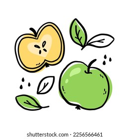 Set of green and yellow apples with leaves isolated on white background. Organic healthy food. Vector hand-drawn illustration in doodle outline style