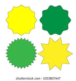 Set of  green yellow blank labels various shape isolated on white background. Sunburst and starburst badges. Vector illustration
