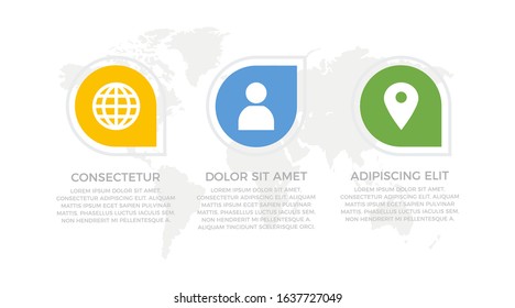 Set of green, yellow and blue elements for infographic with world map presentation slides.