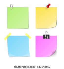 Set of green, yellow, blue, violet sticky notes isolated on white background. Vector illustration.