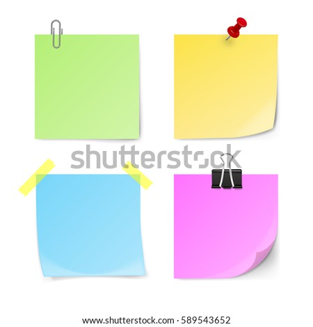 Set of green, yellow, blue, violet sticky notes isolated on white background. Vector illustration.