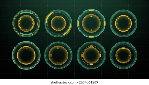 Conjunto de elementos hud circulares verdes e amarelos com estilo retro. Coleção de componentes da interface do usuário futurista para exibição digital.