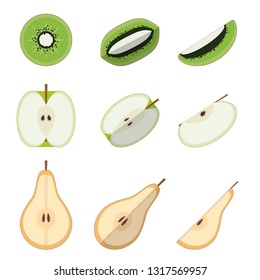 Set of green and yellow cutted fruits. Isolated vector illustration of kiwis, apples and pears.