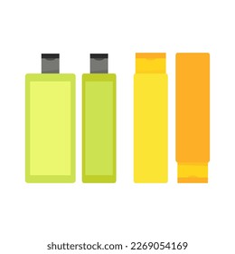 Set of green and yellow dog shampoo bottles