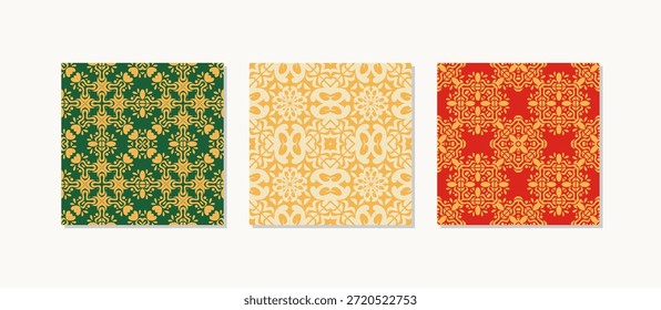 Conjunto de azulejos cuadrados geométricos verdes y amarillos con Formas planas simples y patrones abstractos repetitivos. Este diseño decorativo moderno es adecuado para fondos