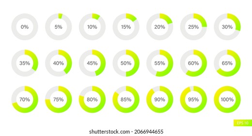Conjunto de iconos de gráfico circular de porcentaje de gradiente verde y amarillo en diseño de estilo plano para sitio web, aplicación, interfaz de usuario, aislado en fondo blanco. Ilustración vectorial EPS 10.