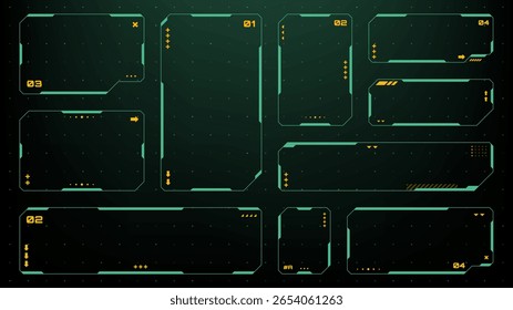 Conjunto de elementos de exibição de cabeçotes verdes e amarelos com design de interface futurista. Estrutura de interface de usuário Cyberpunk para tecnologia moderna e conceito de jogos.