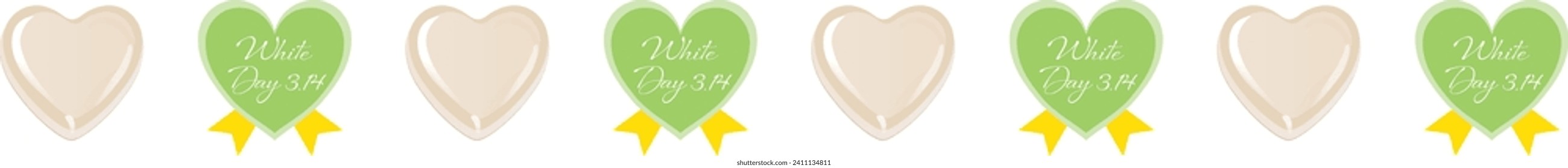 Set of green and yellow heart-shaped labels with text. Vector illustration for White Day.