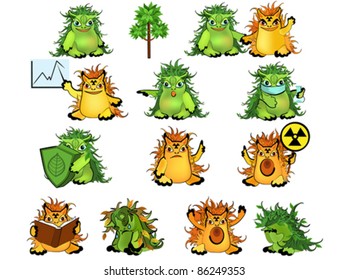 Set of green and yellow monsters, symbols of ecology and radiation.