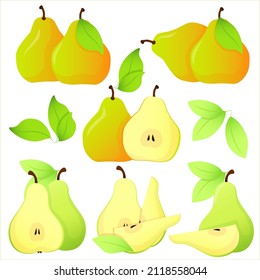 A set of green and yellow pears in a section and with leaves