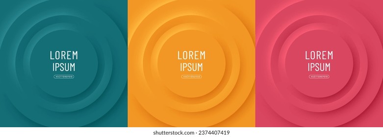 Set of Green, yellow and pink 3D radial circle pattern with soft light and shadow in neumorphism style. Minimal round pattern collection design with text copy space. Creative trendy color templates.