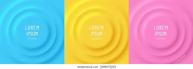 Set of Green, yellow and pink 3D radial circle pattern with soft light and shadow in neumorphism style. Minimal round pattern collection design with text copy space. Creative trendy color templates.