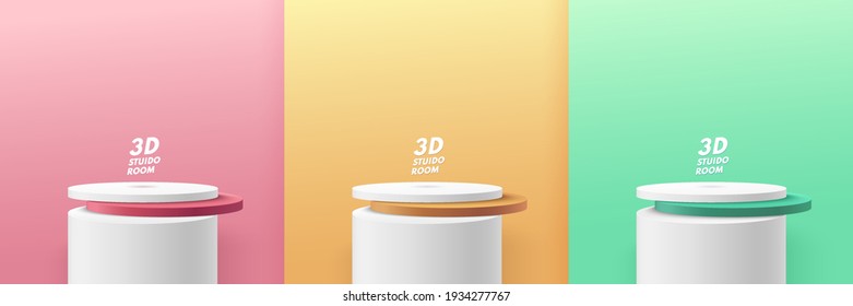 Set of green, yellow, pink round cylinder pedestal podium display on empty room background. Abstract modern vector rendering 3d shape for cosmetic products presentation. Pastel minimal scene room.