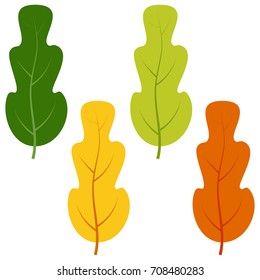 Set of green, yellow and red leaves isolated on white background. Vector illustration of autumn leaves. 