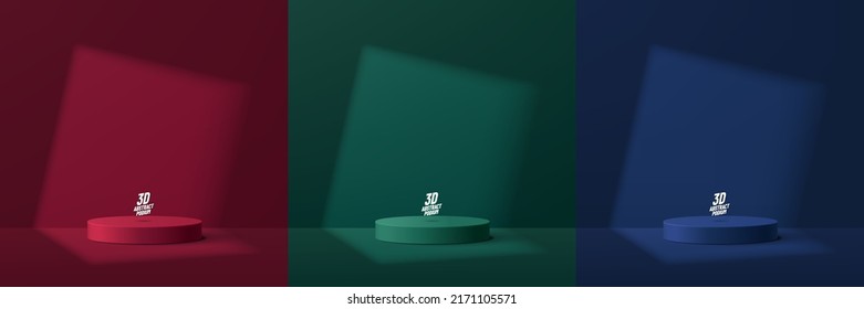 Set of green, yellow, red room background with realistic 3d cylinder pedestal podium and window lighting. Abstract minimal scene for mockup products display, Stage showcase. Vector geometric forms.